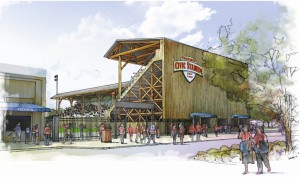 Unless the school district fails to act, a proposal by the City of Eugene presents the only opportunity to save the stadium (Reuse rendering courtesy Friends of Civic Stadium based on a grant project funded by Restore Oregon) 
