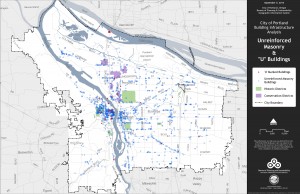 City-wide map of unreinforced masonry building (Map courtesy City of Portland) 