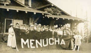 Meier & Frank employee picnic group behind a big “Menucha” banner c. 1918 (photo courtesy of Menucha Retreat and Conference Center)